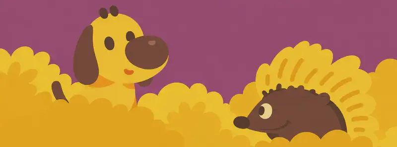 In the lower half of the image, Pup peeks out from behind a golden-yellow bush on the left, looking toward the right with a curious, wide-eyed expression and mouth slightly open. Spike stands in the lower right, partially nestled among the bushes with quills raised, facing toward Pup. The scene is set outdoors in a field of dense golden bushes against a warm late-afternoon sky.