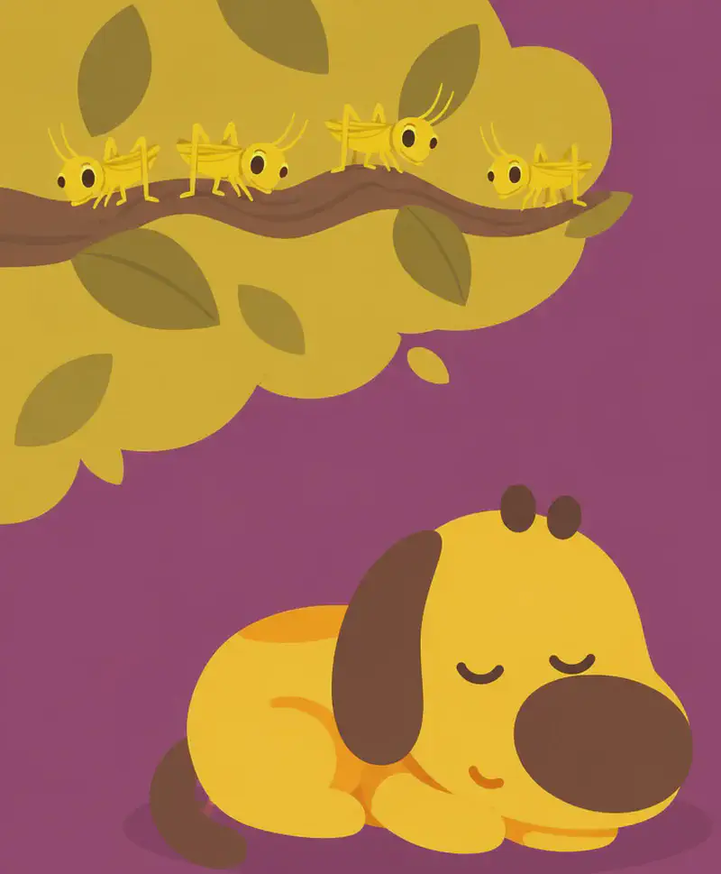 On the left side of the image, Pup is curled up on the ground with eyes closed and a peaceful, content smile, finally settling down for a nap. Several small crickets are perched on the leafy branch in the upper-left corner, sitting quietly. The outdoor scene has a warm, dusky reddish-purple background suggesting evening twilight, with the right side of the image left as plain background.