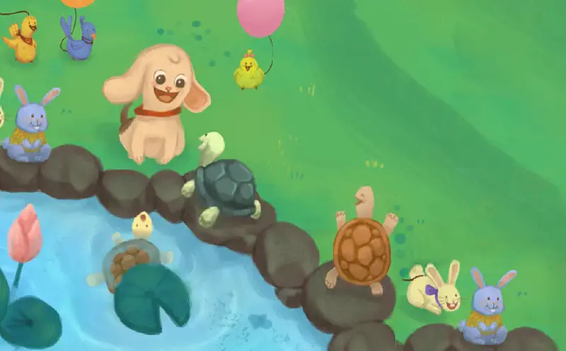 A happy puppy stands on rocks by a pond with bunny and turtle friends, chicks, and balloons at a party gathering.