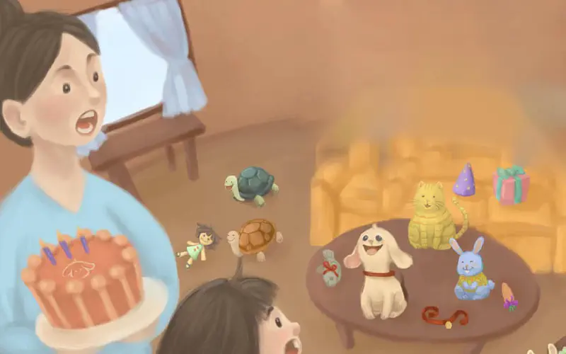 A surprised mother holds a birthday cake while animals gather around a table with a puppy, cat, bunny, and turtles.