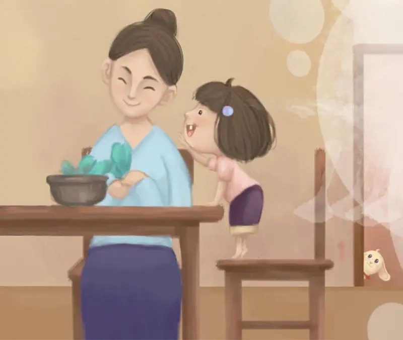A smiling mother in a blue top holds vegetables while an excited girl talks to her, with a puppy peeking nearby.