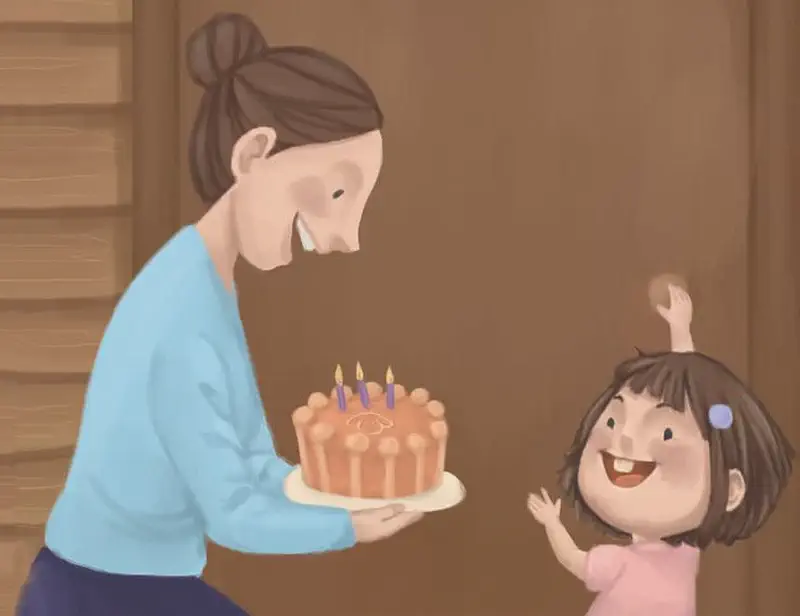 A mother presents a birthday cake with candles to an excited little girl with her arms raised in celebration.