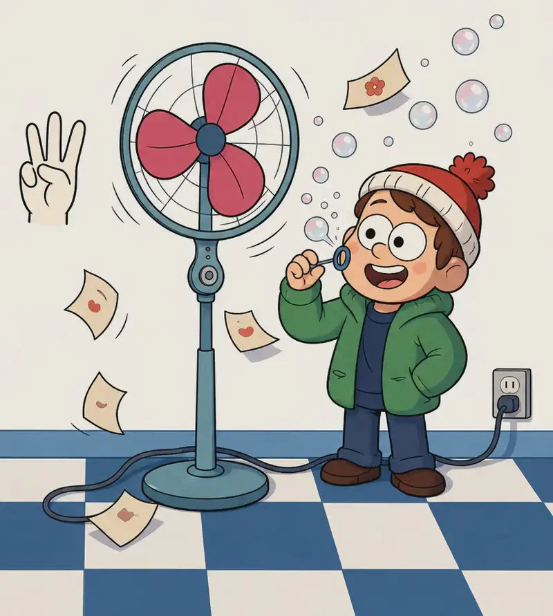 On the right side of the image, Child stands next to a tall pedestal fan, blowing bubbles toward the spinning three-bladed fan. Child has a delighted expression, holding a bubble wand up to their mouth while bubbles scatter and swirl in the wind created by the fan. A small illustrated hand holding up three fingers appears to the left of the fan as a counting motif, and small papers or letters flutter around the checkered floor. The scene is set indoors on a blue-and-white checkered floor against a plain white background, with the fan plugged into a wall outlet.