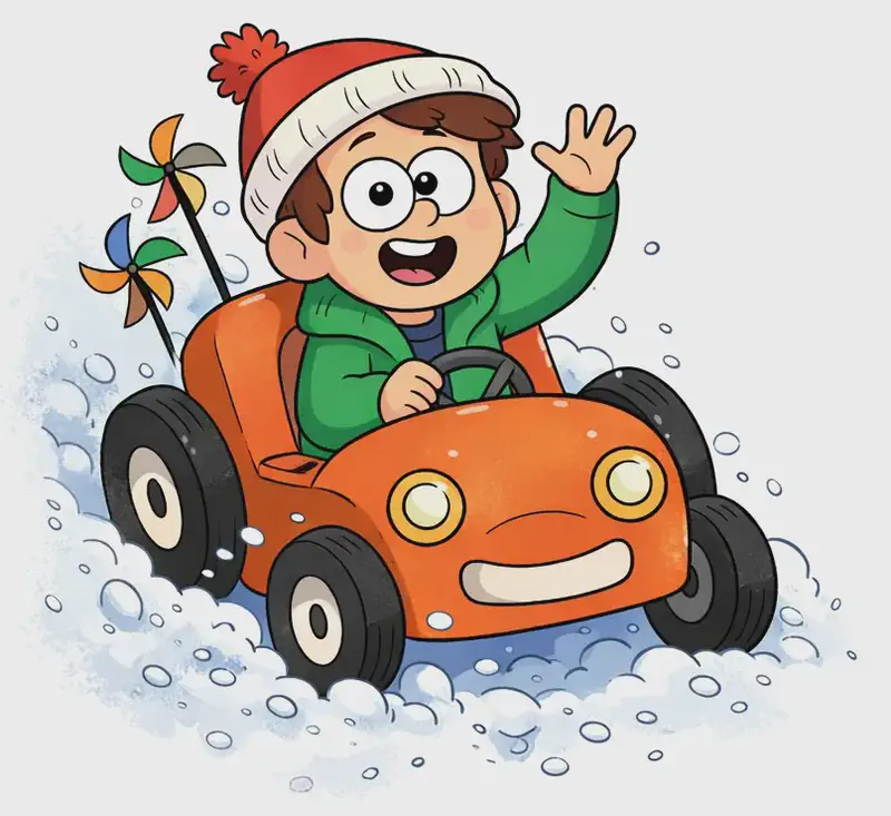 On the left side of the image, Child sits behind the wheel of a whimsical orange car with a cartoonish face on its front, driving through a flurry of snow. Child has one hand raised, waving with fingers spread, and appears cheerful and excited. The car is decorated with colorful pinwheel ornaments on top, and all four wheels are clearly visible. The right side of the image is plain white background.