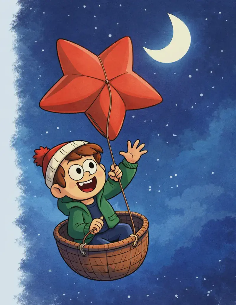 On the right side of the image, Child is flying through a nighttime sky in a woven basket carried by a large red star-shaped balloon with five distinct points, gazing upward with a joyful, wonder-filled expression and one hand reaching out toward a glowing crescent moon above. The deep blue sky fills the background behind the floating basket. The left side of the image is plain light background, clear of any detail.