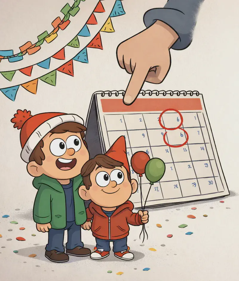 On the left side of the image, Child and Friend stand together in front of a large desk calendar, both looking up at it excitedly. Friend holds two balloons — one red, one green — by their strings in his right hand, and wears his tall red/orange pointed party hat and red zip-up hoodie. Child stands beside Friend, smiling broadly. A date on the calendar is circled in red, with a second date eight days later also marked. Scattered crumbs or confetti litter the ground around them. Colorful bunting and paper chain decorations drape across the upper-left corner of the scene. A large illustrated hand reaches down from above, pointing at the calendar as a counting motif. The right ~40% of the image is plain light background. The setting is indoors with a festive, celebratory atmosphere.