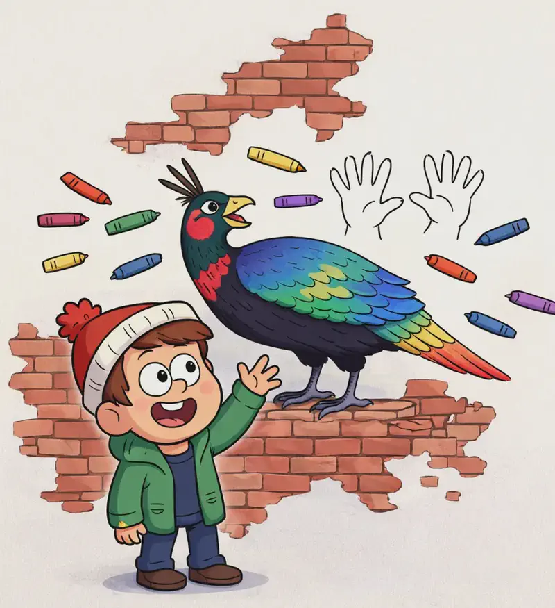 On the left side of the image, Child stands at the bottom left wearing a red knitted hat with a white brim and pom-pom, a green jacket over a navy top, looking up with an excited, delighted expression and one arm raised toward a large, colorful pheasant. The pheasant is perched on a fragment of crumbling brick wall, facing right with its beak open, a head crest of dark feathers, and plumage displaying at least nine vivid colors including red, green, blue, yellow, and orange in its long tail. Above and around the pheasant are two outlined hand tracings and small colored crayons floating in various colors — at least nine distinct colors visible — suggesting a drawing activity. The scene is set against a pale, plain background with fragments of red brick wall on the left side, leaving the right half of the image empty.