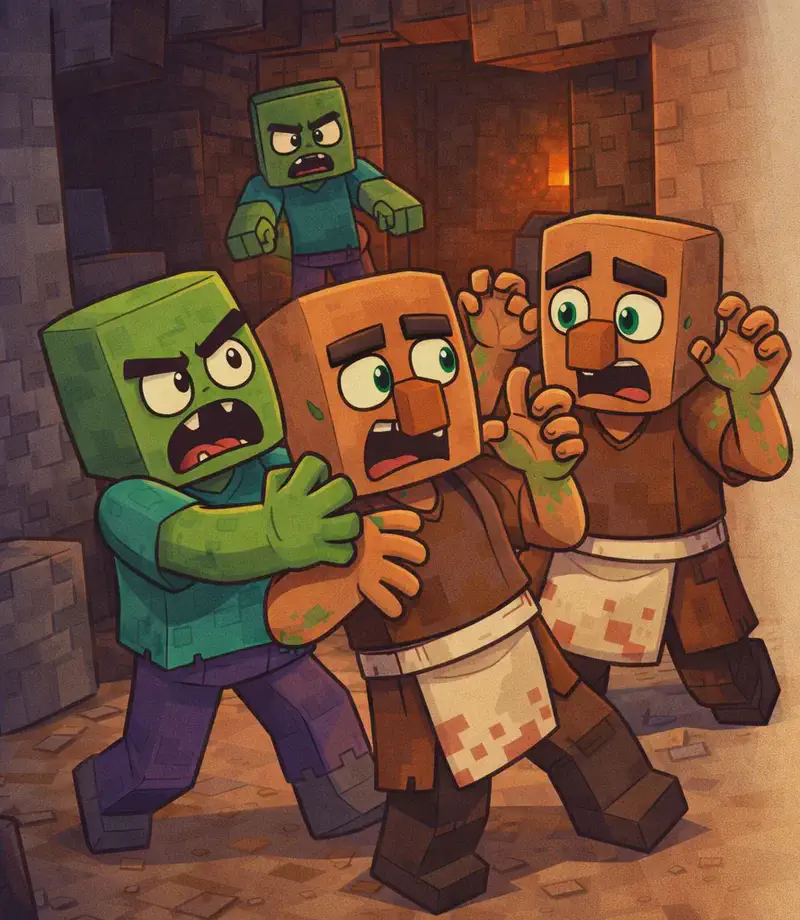 On the left side of the image, a Zombie lunges forward inside a dark cave, grabbing and biting the nearest Villager while scratching at them with its other hand. The Villager recoils with arms raised in a frightened, defensive pose. Behind the first Villager, the second Villager stumbles backward in panic, patches of green beginning to appear on their skin as the zombie infection starts to take hold. A second Zombie watches menacingly from deeper in the cave behind the first. The scene is set in a dim, shadowy cave with gray stone walls and brown dirt blocks, lit with faint reddish light from deeper within. The right side of the image is a plain semi-transparent overlay over the cave background, left clear for text.