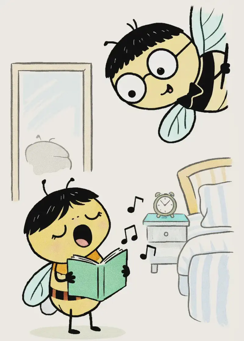 On the left side of the image, a small cicada stands at the bottom left, holding an open songbook and singing softly with eyes half-closed and mouth open, with musical notes floating around. Pang, larger with round black-rimmed glasses and translucent light blue wings, leans in from the upper left, peering down with a curious, encouraging expression. The scene is set indoors in a warm, sunlit room with a mirror on the wall, a small alarm clock on a blue side table, and the edge of a bed with striped sheets visible. The right ~40% of the image is plain warm beige background.
