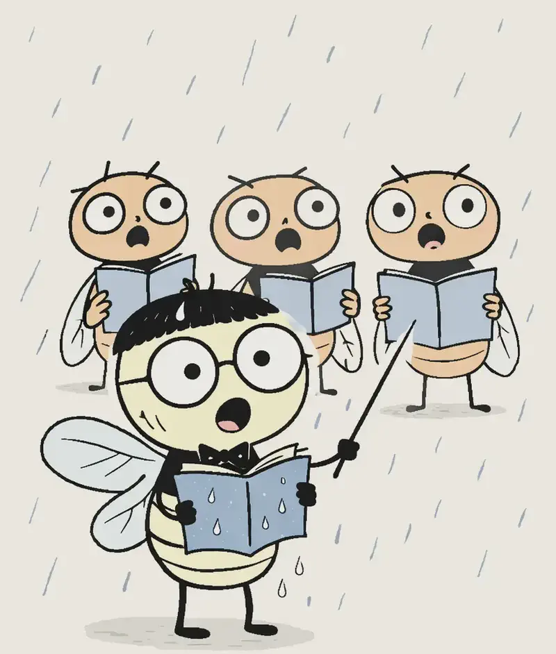 On the left side of the image, Pang stands in the front of a group of cicadas on an outdoor stage, clutching a soggy blue songbook with both hands and looking shocked — wide eyes, pale face, and mouth slightly open — as rain begins to fall on him. Several other cicadas stand behind and beside Pang in rows, also holding blue songbooks, with worried and confused expressions on their faces. Rain streaks fall across the scene, and the right ~40% of the image is plain warm beige background.