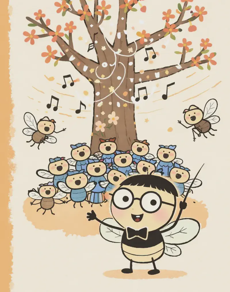 On the right side of the image, Pang stands in the foreground grinning proudly with a pink-tinted complexion, arms slightly outstretched as if presenting the concert. Behind Pang, a group of cicadas are gathered on and around a large tree decorated with twinkling string lights, singing joyfully with music notes floating in the warm orange-toned air. The scene is set outdoors at golden hour with the tree as the concert stage, and a few cicadas flutter nearby with their wings spread. The left ~40% of the image is plain warm orange background.