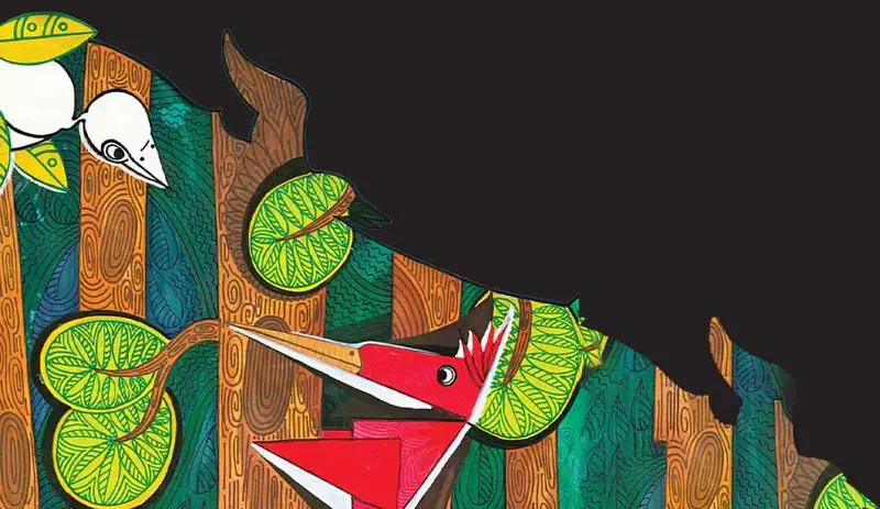 A red woodpecker and white bird perch on brown tree trunks surrounded by green patterned leaves against a black background.