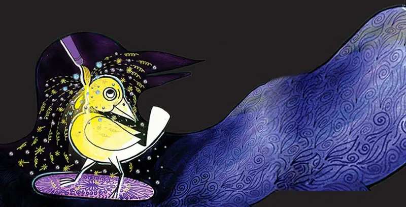 A yellow bird with purple decorative feathers stands on a purple lily pad against a dark blue swirling night background.