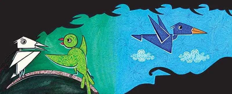 A white bird, green parrot, and blue bird fly together across green and blue patterned backgrounds with clouds.