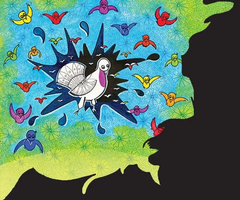 A startled white peacock spreads its tail surrounded by colorful small birds flying in a blue and green sky.