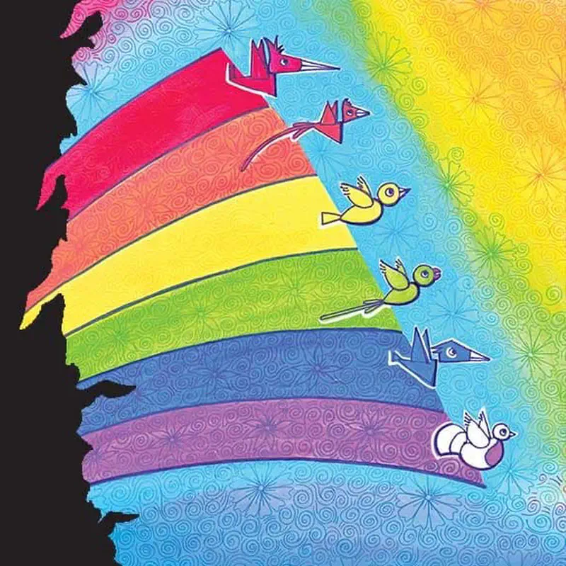 Colorful birds fly along rainbow stripes of pink, orange, yellow, green, blue, and purple against a patterned background.