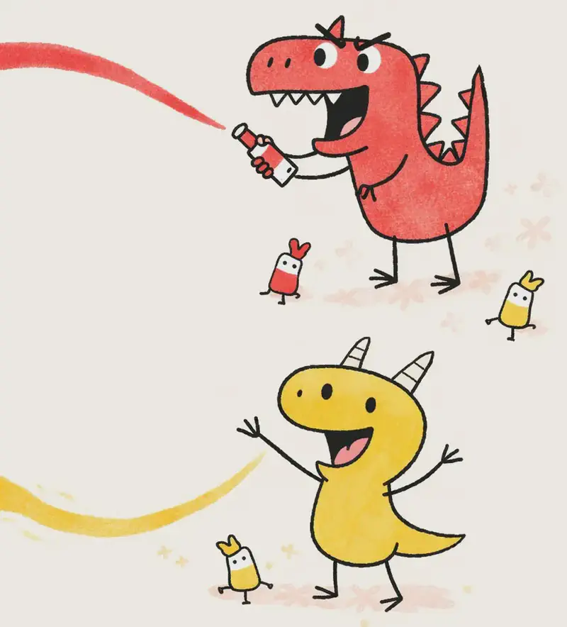 On the right side of the image, Red Dinosaur stands in the upper right, looking excited with mouth open showing zigzag teeth, holding a small tube of red paint that has sent a swooping red paint streak across the page. Below, Yellow Dinosaur stands in the lower right with a cheerful grin, arms outstretched as if reaching toward the red streak, with a similar yellow paint blob trailing to the left. The background is a soft, pale wash with subtle floral shapes and paint splatters, suggesting a playful creative space. Several small anthropomorphic paint-tube creatures with tiny arms, legs, and faces are scattered around both dinosaurs.