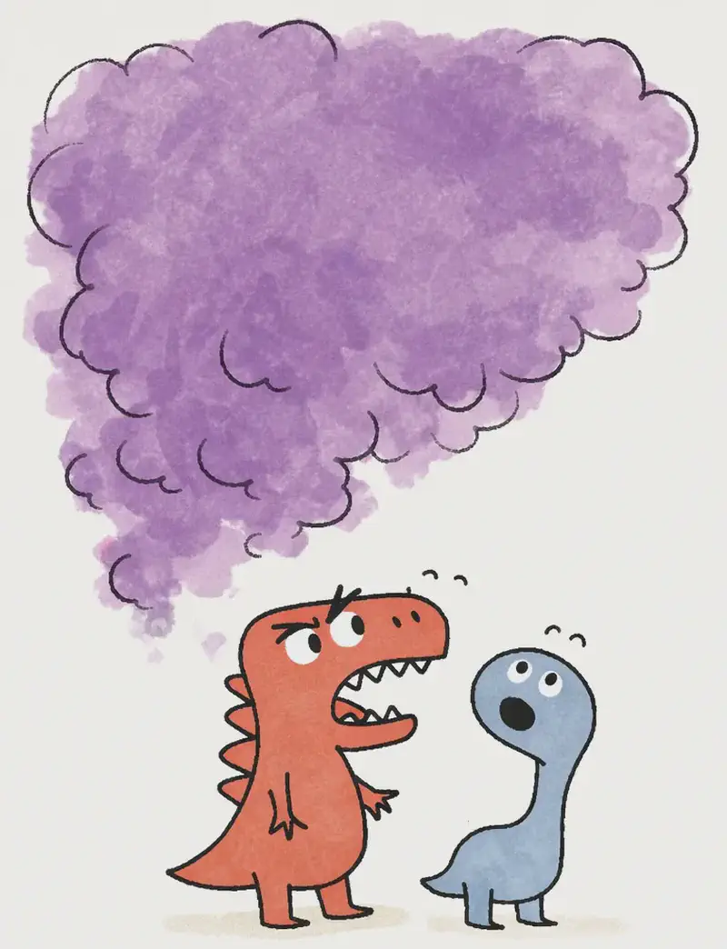 On the left side of the image, Red Dinosaur and Blue Dinosaur stand close together, gazing up in amazement with open-mouthed expressions at a large, vibrant cloud of purple paint that billows above them. The purple cloud — a mix of warm and cool purple tones — dominates the upper-left portion of the image with a splattered, painterly texture, and the word "PURPLE" is written in white within it. The right side of the image is a plain, light background with subtle warm-toned paint washes at the edges. Blue Dinosaur appears to be slightly behind and to the right of Red Dinosaur, both positioned in the lower-left corner.
