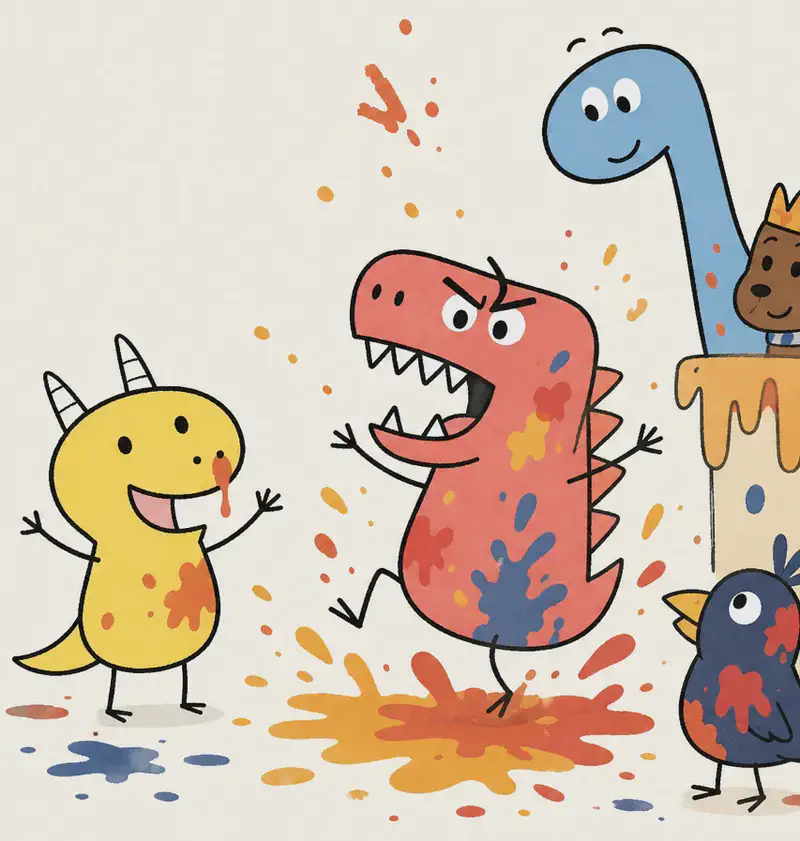 On the right side of the image, Red Dinosaur stands in the center-right area with mouth open in an excited expression, stomping and dancing joyfully amid splashes and splatters of paint that splash everywhere. Blue Dinosaur peeks in from the upper right with a curious, wide-eyed expression, their long neck extending downward into the scene. The yellow dinosaur has paint dripping from their nose, and they are talking. The scene is a vibrant, messy paint-covered environment with bold splashes of orange, red, yellow, and dark paint covering the surroundings, conveying the fun chaos of color mixing. The left portion of the image is open white/light space with paint spatter. A dark bird-like creature is in the lower right, a brown creature with a crown-like hat is in the upper right, and additional small animal shapes are partially visible around the edges of the composition.