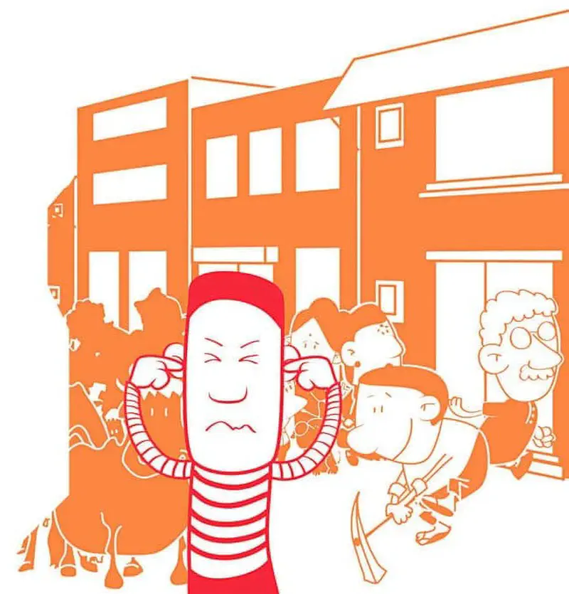 A boy in red covers his ears looking annoyed amid construction noise and arguing people on an orange street.