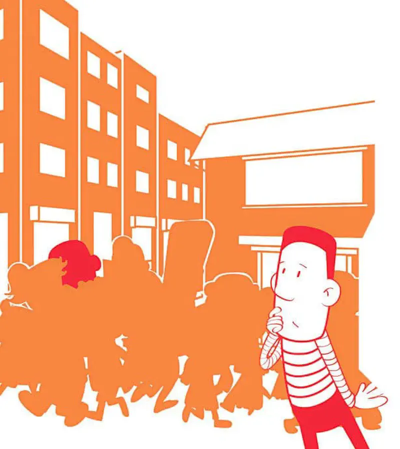 A boy in red thinks quietly while standing apart from a crowd of orange silhouette people in a city.