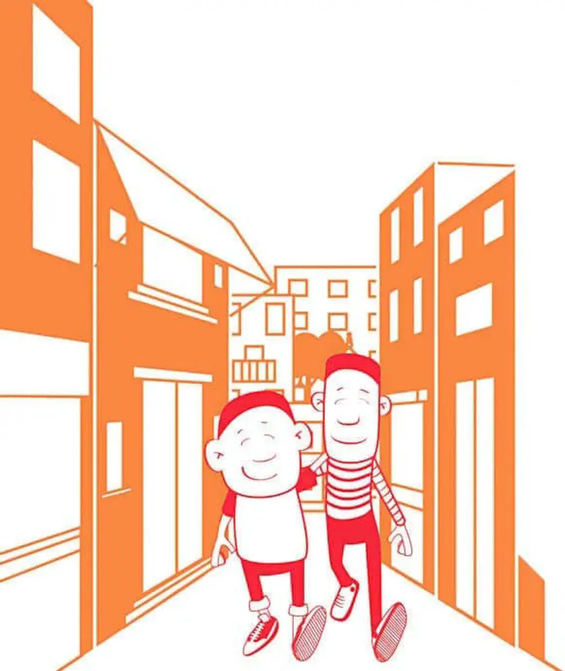 Two boys in red walk together happily with arms around each other down an orange city street with buildings.