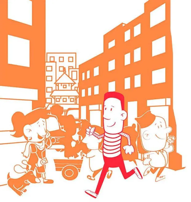 A boy in red walks through a busy orange city street with people running, a dog, and a cart behind him.
