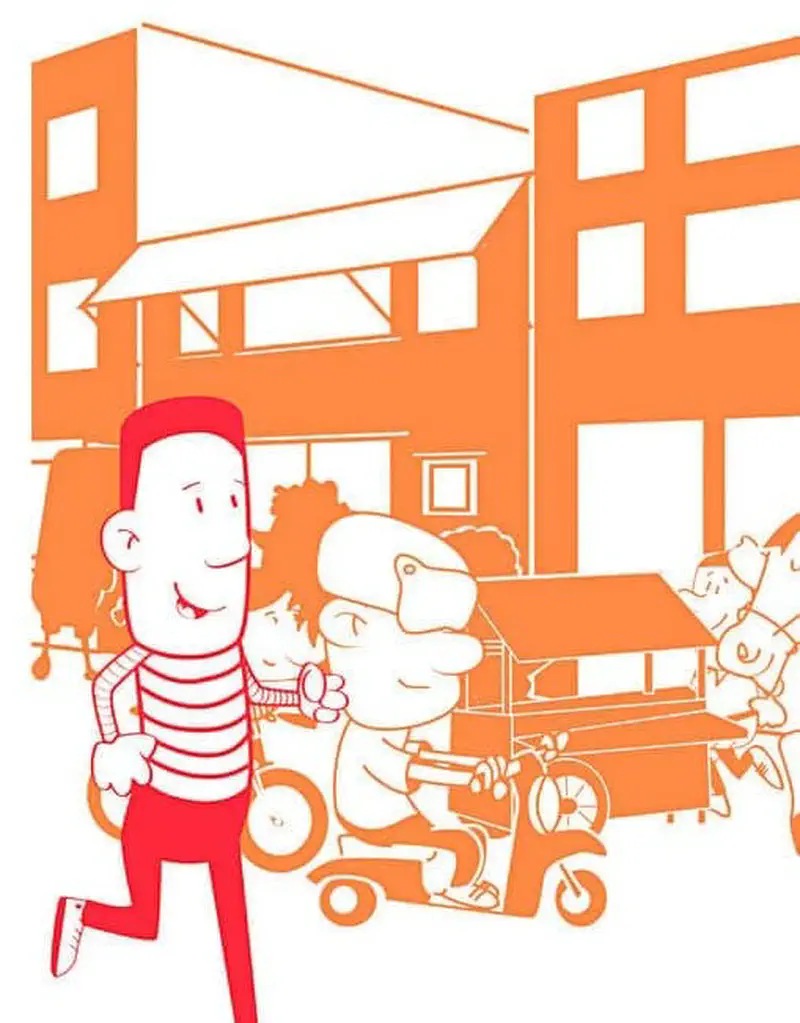A smiling boy in red jogs past people on scooters and bikes in an orange city neighborhood scene.