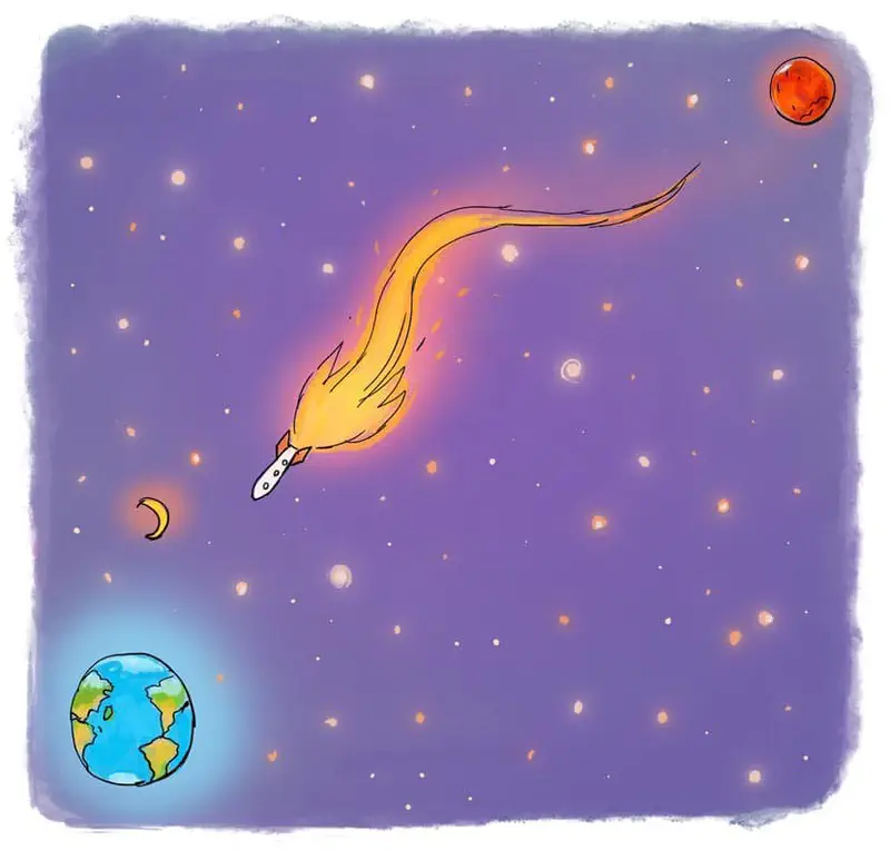 A rocket with flames blasts through purple space leaving Earth behind, heading toward a red planet.