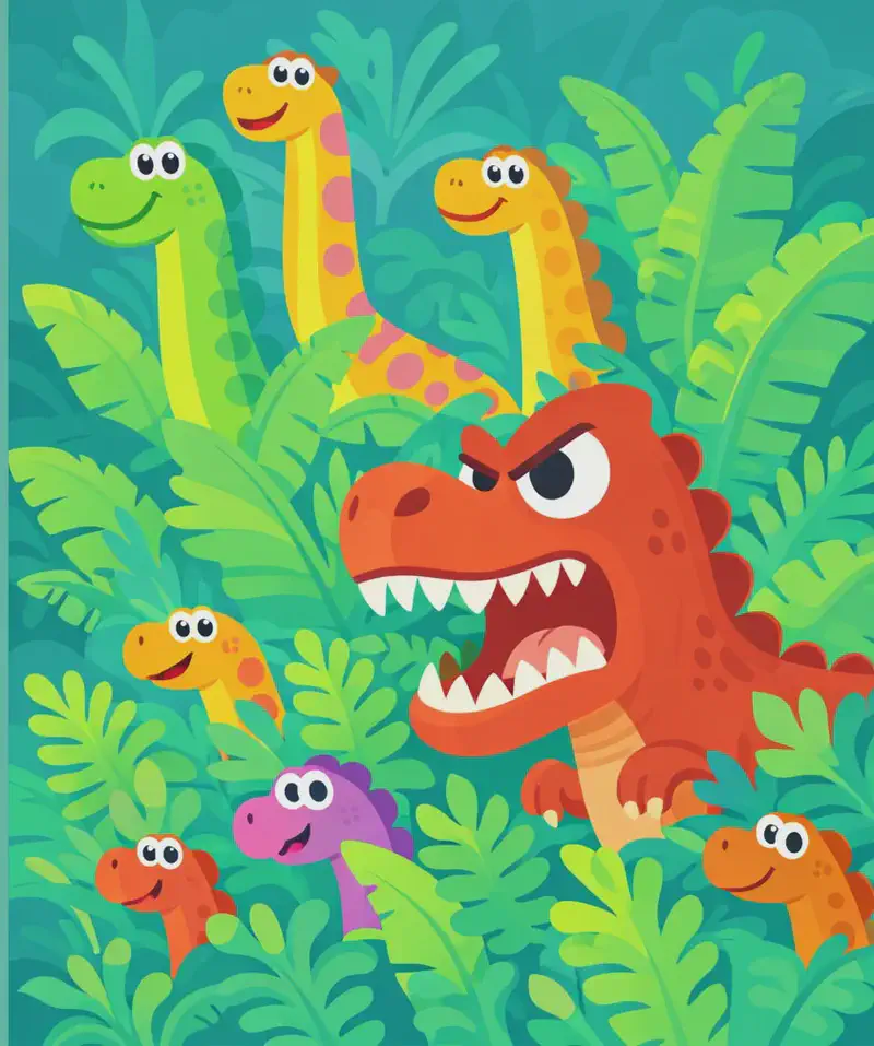 On the right side of the image, a group of cartoon dinosaurs peek out from dense tropical foliage and tall ferns. Several long-necked dinosaurs stand upright in the background with wide eyes and cheerful expressions, while in the foreground a fierce-looking T-rex-type dinosaur snarls with an angry expression and bared teeth. Smaller dinosaurs with googly, surprised eyes poke their heads through the greenery at various heights. The scene is set outdoors in a lush prehistoric jungle environment with large leafy plants in teal and green tones. The left ~40% of the image is a plain muted teal background reserved for text.