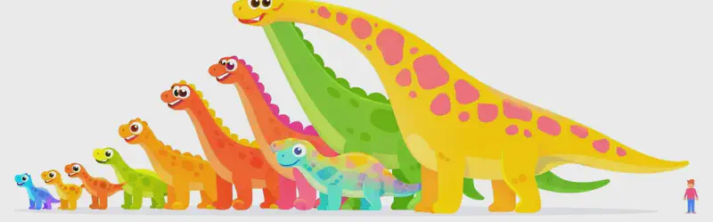 On the left and center of the image, a colorful lineup of cartoon-style dinosaurs stands arranged by size from smallest to largest, all facing left with friendly, wide-eyed expressions and toothy grins. The parade ranges from tiny raptor-like dinosaurs on the far left up through mid-sized theropods and sauropods, culminating in two enormous long-necked sauropods towering above the rest. A tiny human figure stands on the far right at ground level for scale, dwarfed by even the mid-sized dinosaurs. The background is plain white, with the right side open for text.