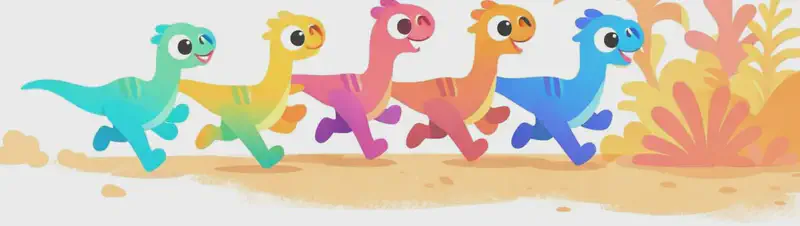A pack of five small bipedal dinosaurs runs together across the bottom right portion of the image, all moving in the same direction toward the right with sharp, eager expressions and legs pumping fast. They stride across sandy ground with tall, soft-hued prehistoric plants and ferns in warm yellow, orange, and pink tones behind them. The upper left area of the image is open white space suitable for text overlay.