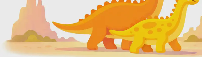In the lower half of the image, two long-necked sauropod dinosaurs walk side by side across a flat, open plain, with a larger one behind and a smaller one in front, both with gentle, curious expressions on their faces. Soft, hazy rock formations rise in the background on the left and right. Warm afternoon light bathes the scene. The top portion of the image is plain white background, clear for text overlay.