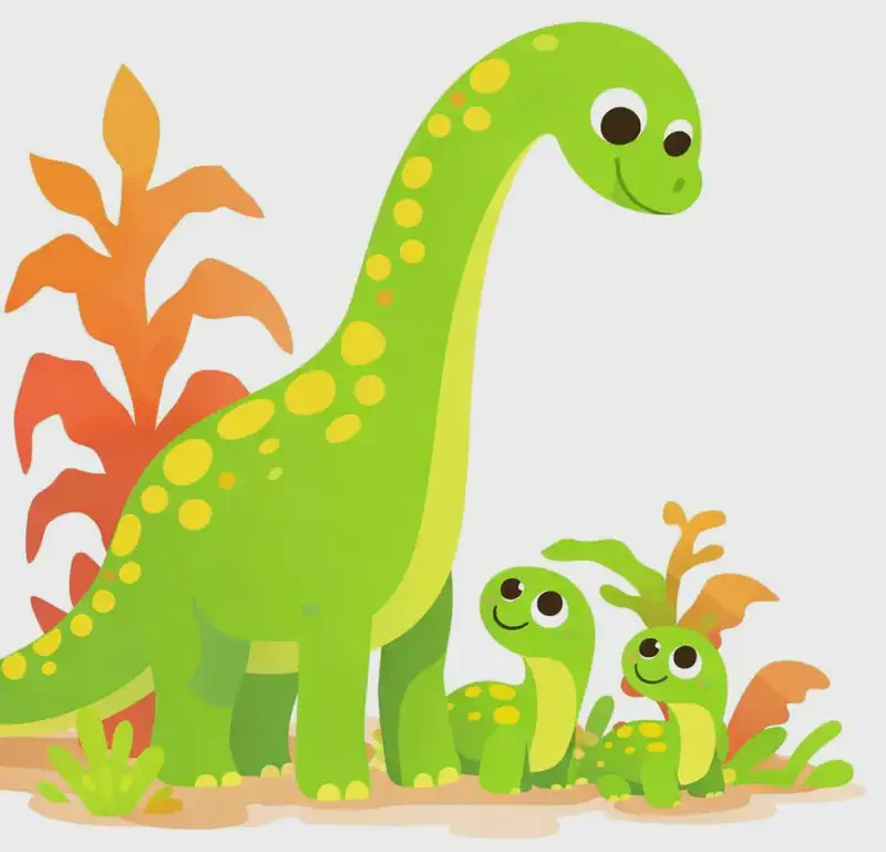 On the left side of the image, a large green long-necked plant-eating dinosaur stands upright with a gentle, watchful expression, looking down toward two smaller baby dinosaurs nestled among low prehistoric plants and foliage at its feet. The two young dinosaurs peer up with wide, curious eyes and tiny smiles. Tall reddish-orange prehistoric plants frame the scene on the far left, while the right side of the image is open white background suitable for text overlay.