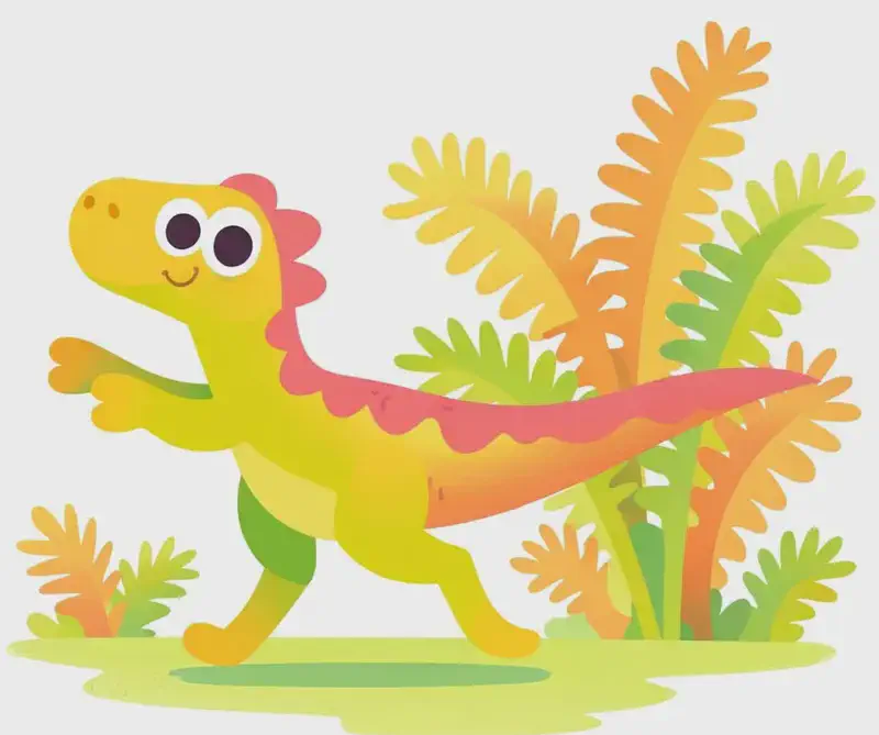 On the right side of the image, a small bipedal dinosaur strides forward on its hind legs in a walking pose, with its short arms reaching out in front and its long tail stretched out behind for balance. The dinosaur has wide, curious eyes and looks alert as it moves through an afternoon scene with tall, feathery fern-like plants surrounding it. The left side of the image is plain white background, free of detail.
