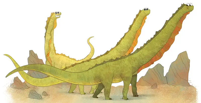 Three smiling green long-necked sauropod dinosaurs with orange bellies and spiky backs walk together through a rocky prehistoric landscape.