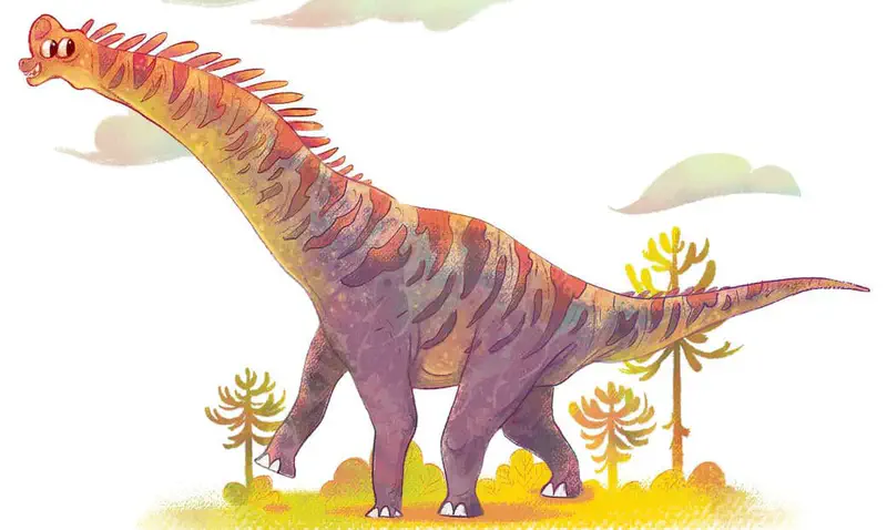 A tall purple and orange striped long-necked dinosaur stands proudly among small prehistoric trees under a cloudy sky.