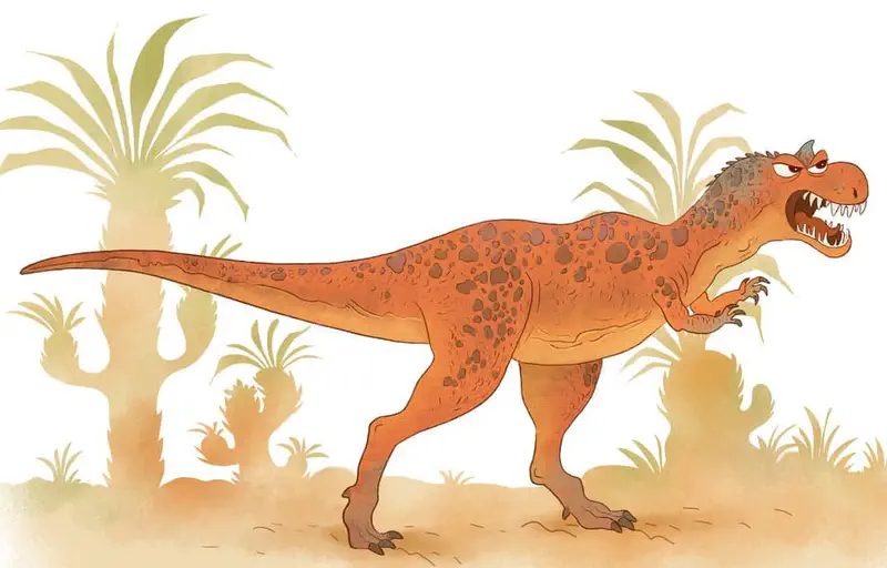 A fierce orange and brown spotted carnivorous dinosaur with sharp teeth and small arms stands in a desert landscape with prehistoric plants.