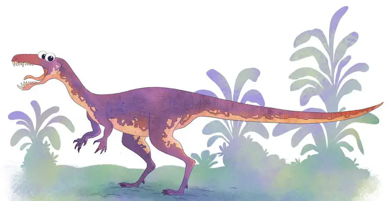 A purple and orange feathered theropod dinosaur with sharp teeth stands among green ferns, showing what scientists now think dinosaurs looked like.