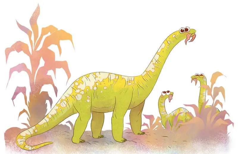 A large green long-necked dinosaur parent feeds leaves to two smaller baby dinosaurs among pink and orange prehistoric plants.