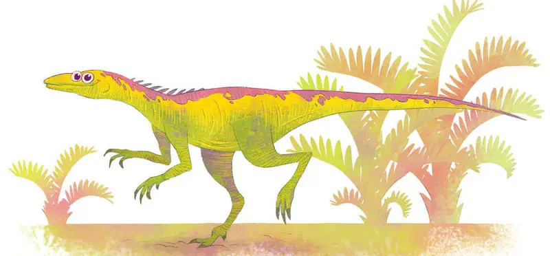 A slender yellow and pink striped dinosaur walks on two legs through a prehistoric landscape with golden fern plants.