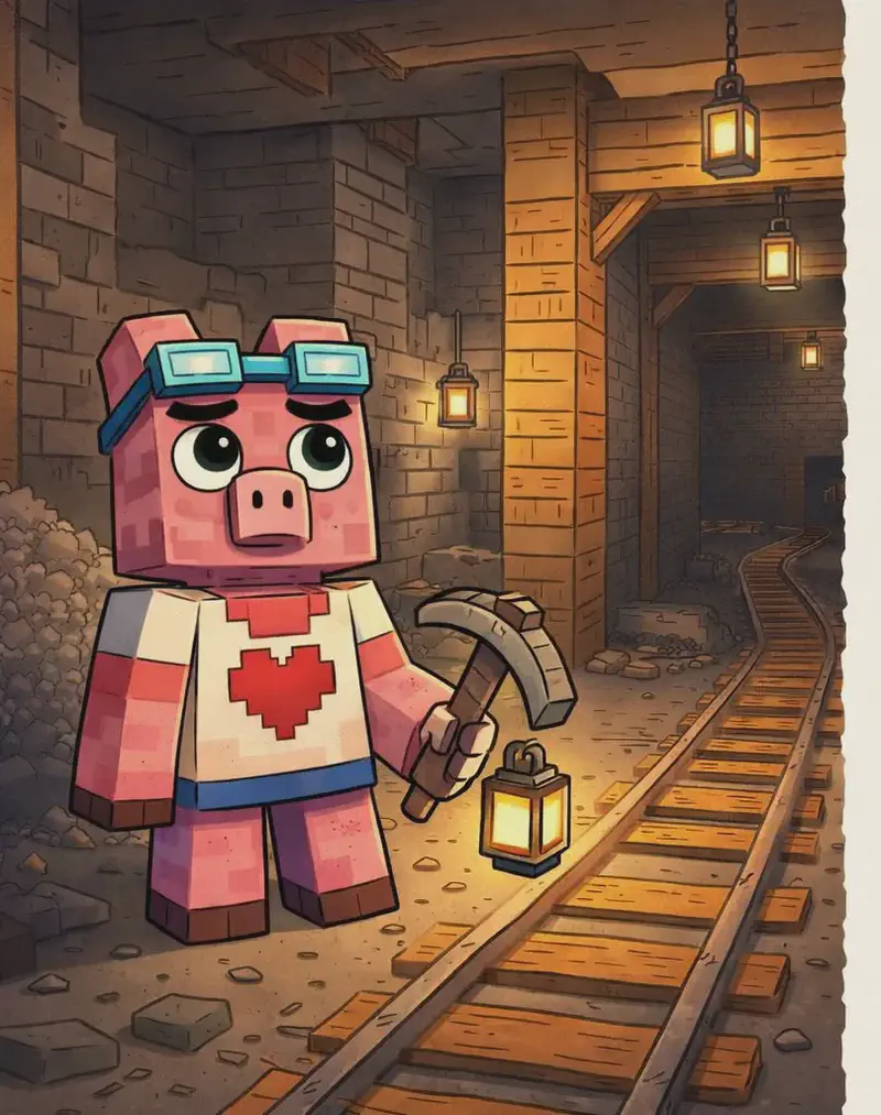 Fig Pig stands on the left side of the image inside an old underground mine, holding a pickaxe at his side and a small lantern, looking ahead with a curious, wide-eyed expression that conveys he feels small in this vast space. The mine is built with stone brick walls and wooden support beams, lit by warm glowing lanterns hanging from the ceiling, with minecart rails running along the ground and piles of gravel or ore scattered nearby. The right side of the image is open plain background for text overlay.
