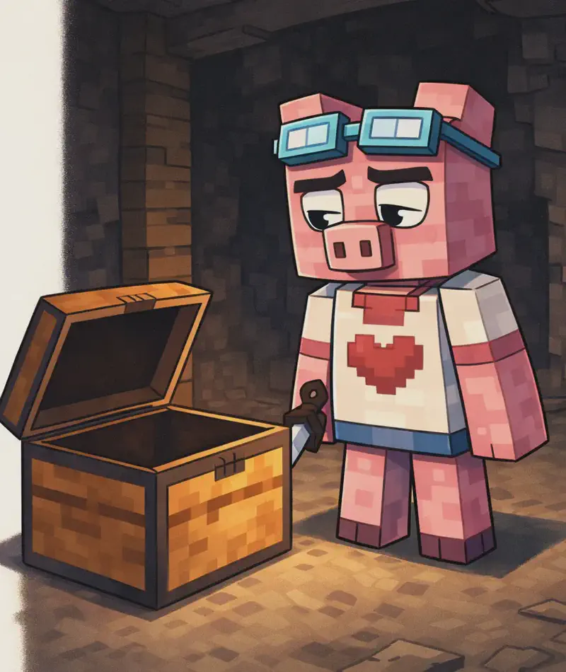 On the right side of the image, Fig Pig stands beside an open chest in a dimly lit underground cave or mine. Fig Pig has a hesitant, uncertain expression, looking down at the chest with one hand holding a sword at his side, appearing reluctant to take what's inside. The large orange-and-brown chest sits in the center-right of the scene, its lid propped open, while the rocky stone walls of the cave surround them in dark, earthy tones.