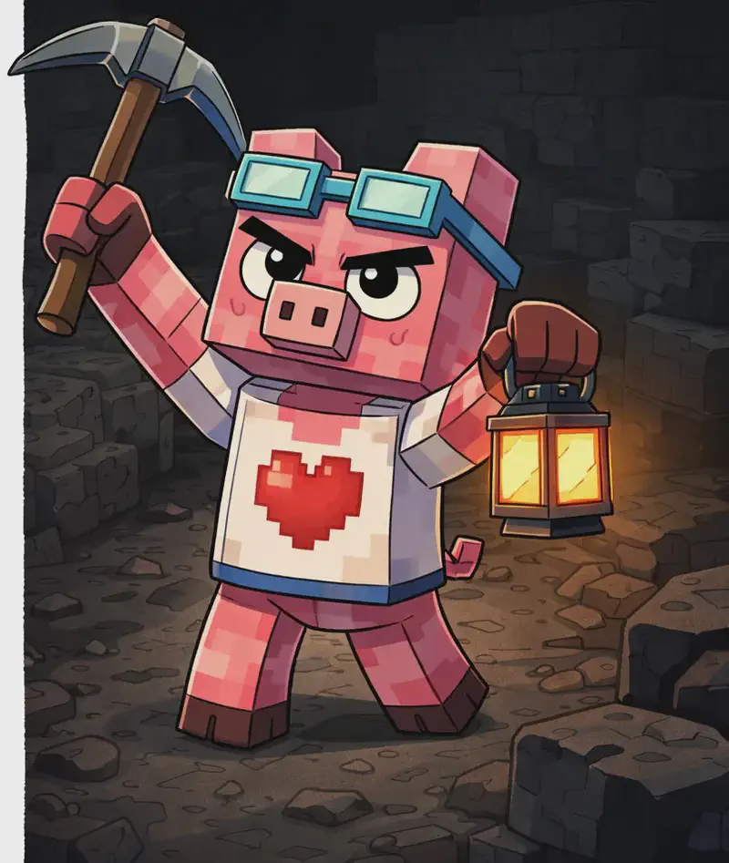 On the right side of the image, Fig Pig stands in a dark underground mine, holding a pickaxe raised enthusiastically in one hand and a small lantern in the other. Fig Pig has a determined, eager expression, looking ahead as if ready to start digging for coal. The scene is dimly lit with rocky, blocky stone walls and floor surrounding the character, giving the feel of a deep cave or mine shaft. The left side of the image is plain white background reserved for text.