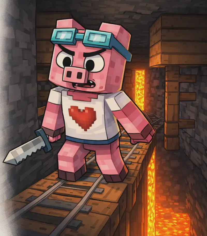 On the right side of the image, Fig Pig carefully walks along a narrow wooden walkway with rail tracks that runs beside a steep drop-off, holding a sword at his side. Fig Pig has a terrified, tense expression, treading lightly with each cautious step. Below the walkway, a glowing column of lava is visible, casting warm orange light up into the dimly lit cavern. The dark underground mine shaft has wooden support beams and stone walls. The left side is left as plain background for text overlay.
