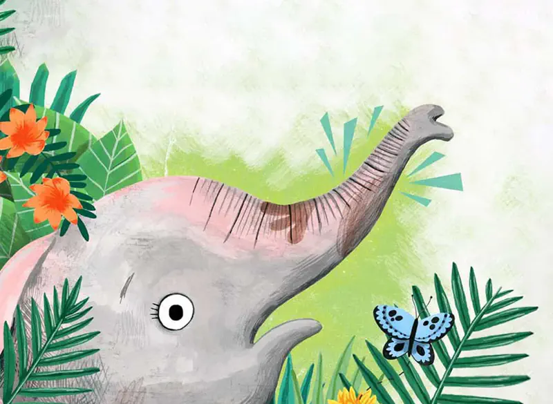 A baby elephant raises its trunk near a blue butterfly surrounded by tropical plants and orange flowers.