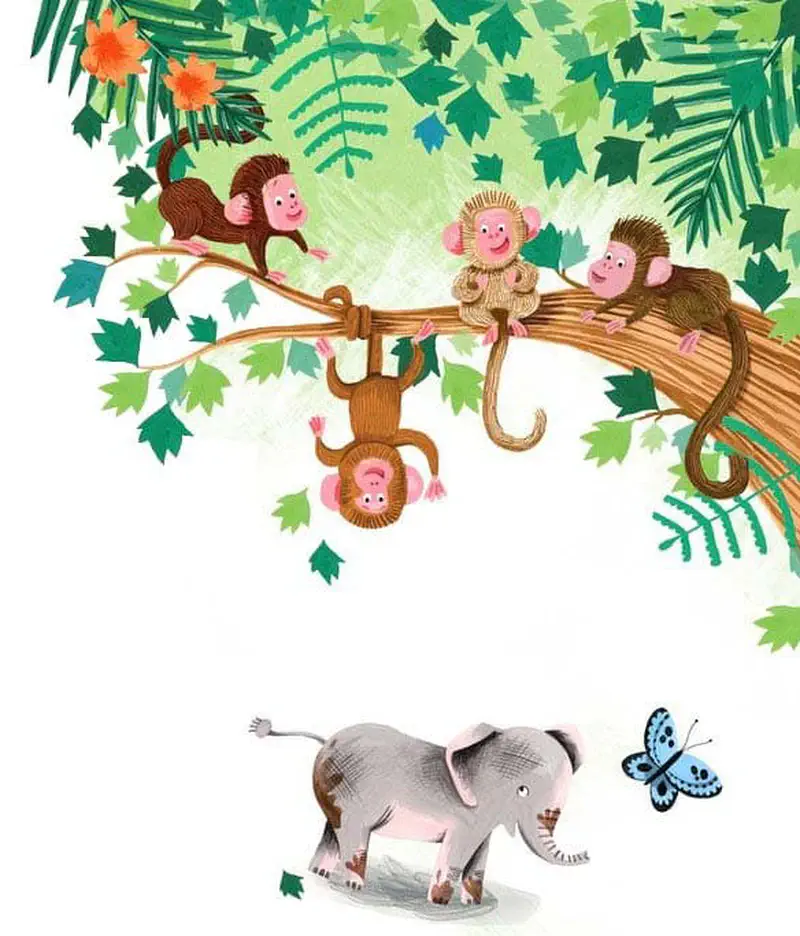 A baby elephant runs below a tree branch where playful monkeys hang and sit among green jungle leaves.