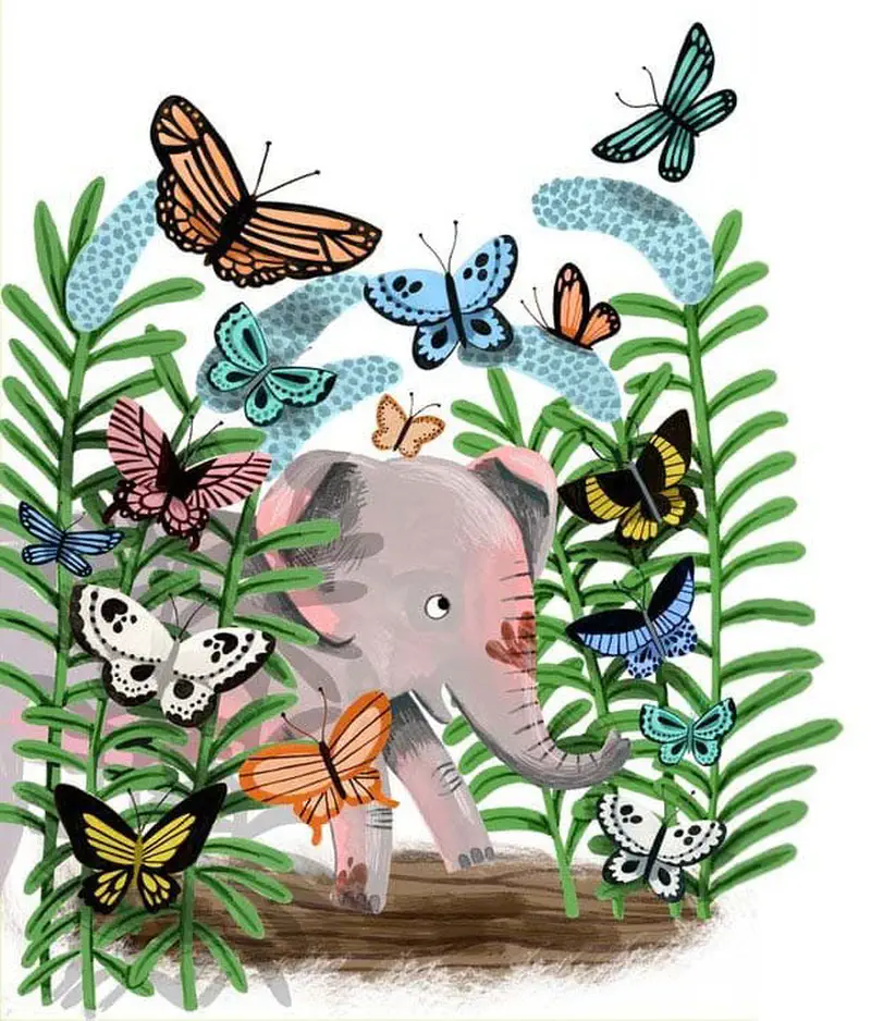 A baby elephant walks through tall ferns surrounded by many colorful butterflies of different sizes and patterns.
