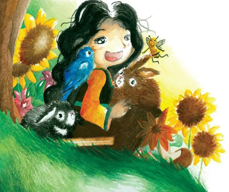 A happy girl with black hair sits in a garden with a blue bird, rabbits, cat, bee, and sunflowers.