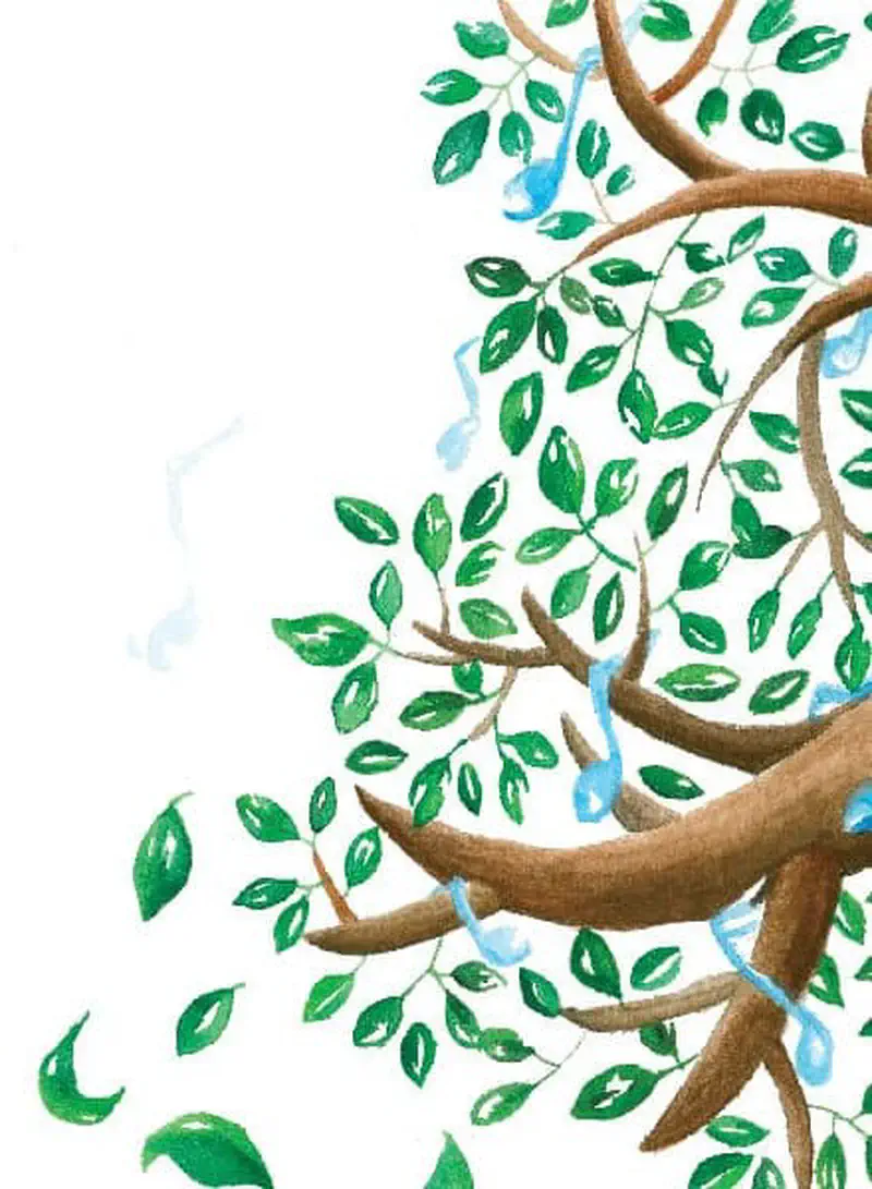 Green tree branches with many leaves and blue music notes floating among them against a white background.